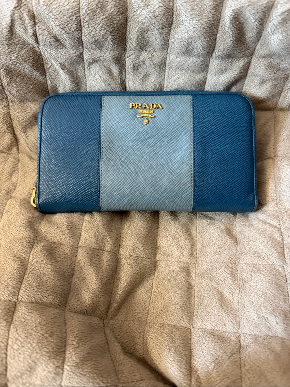 PRADA Two-Tone Blue Saffiano Leather Long Zip Around Wallet w/Gold Logo